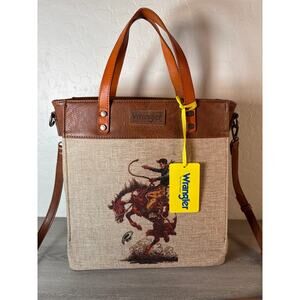 New Wrangler Southwestern Buckin Bronco Cowboy Rodeo Canvas Brown Large Tote Bag